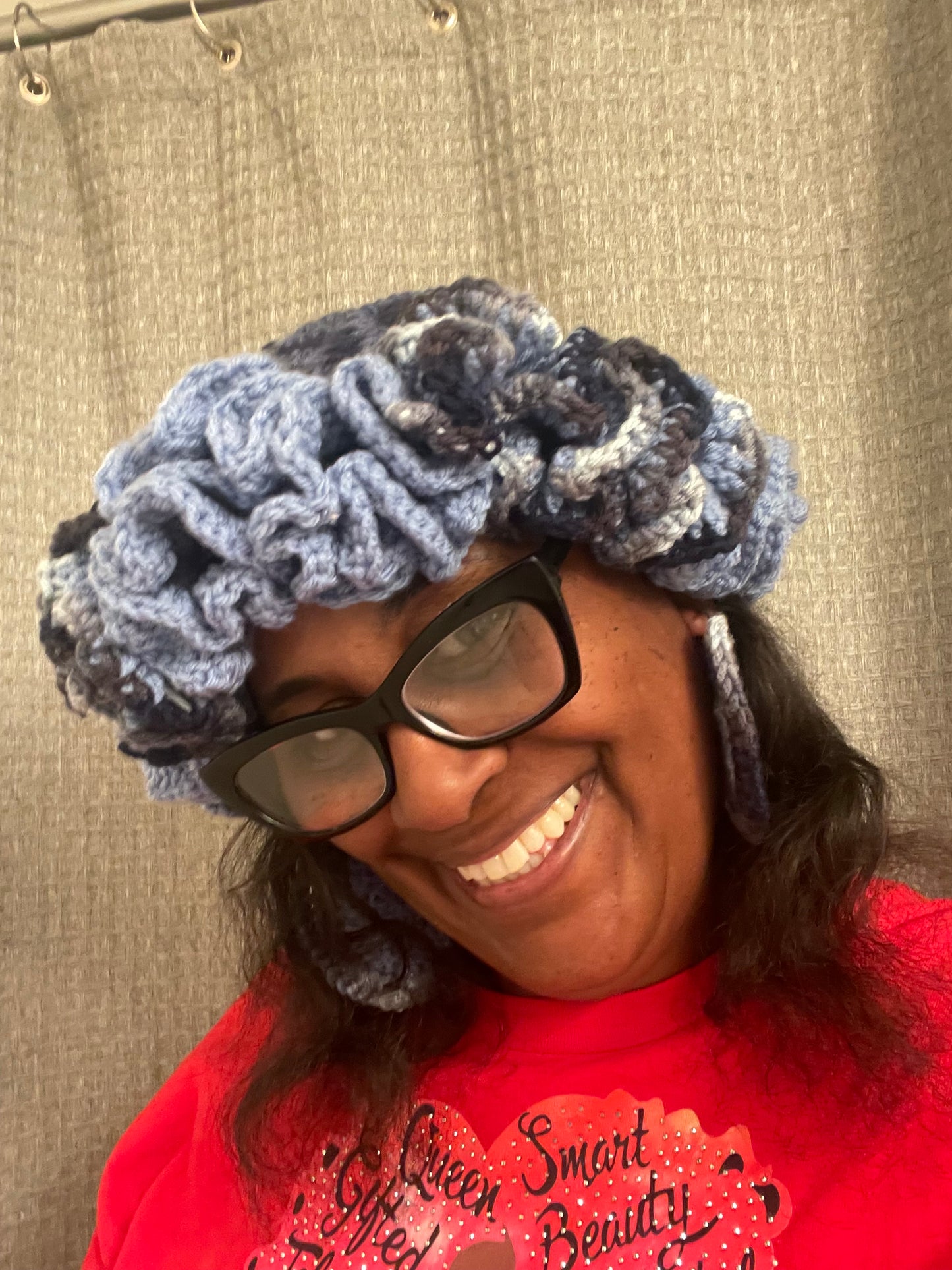 Denim Ombré Ruffle Granny Square Hat