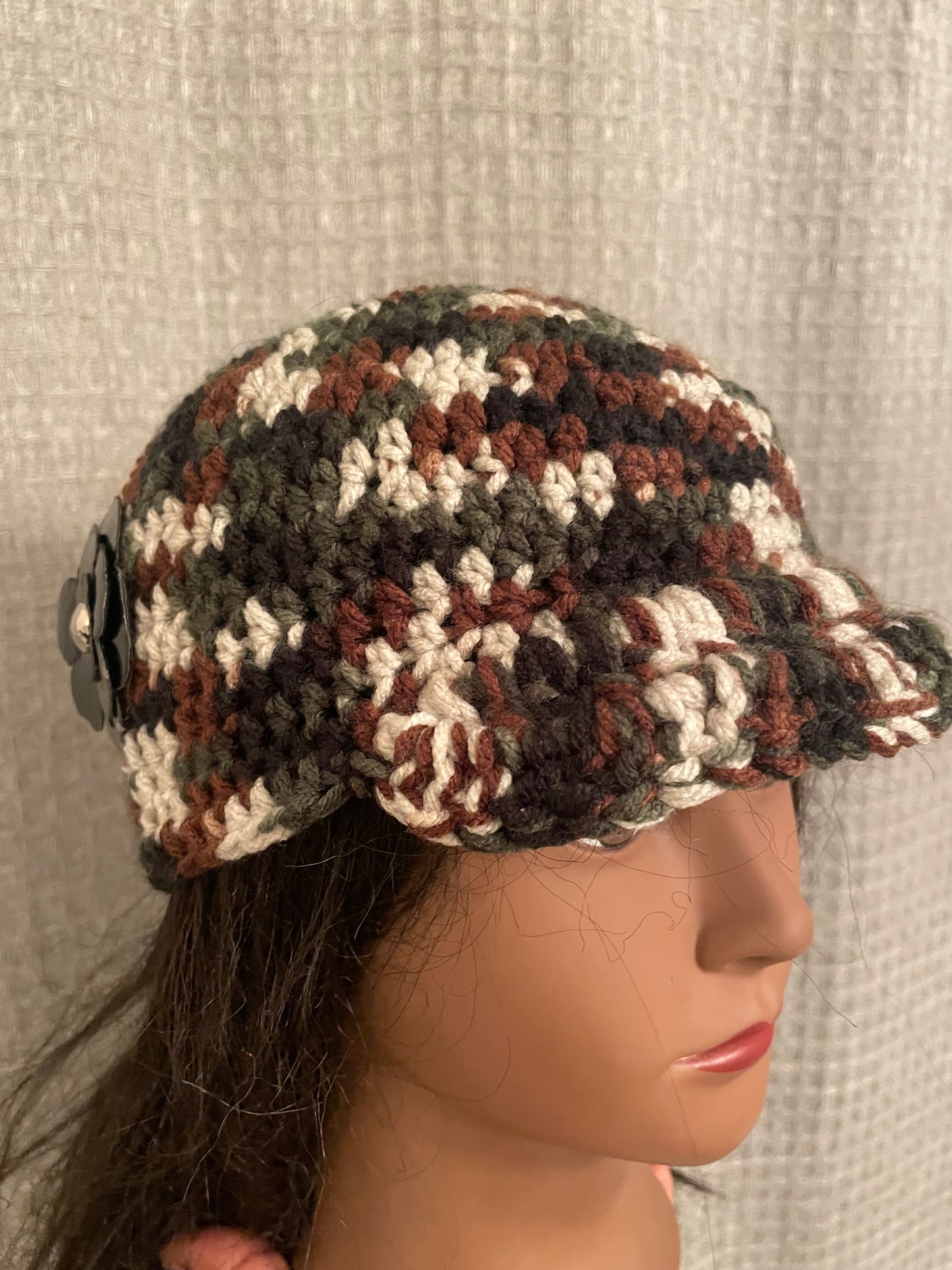 Camo Newsboy Flower Crochet Hat