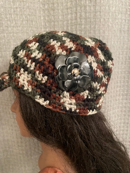 Camo Newsboy Flower Crochet Hat